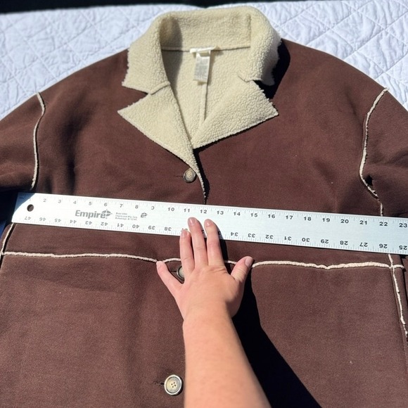 VTG! Jones New York Sport Faux Suede Sherpa Lined Long Coat Chocolate Brown L - Picture 7 of 8